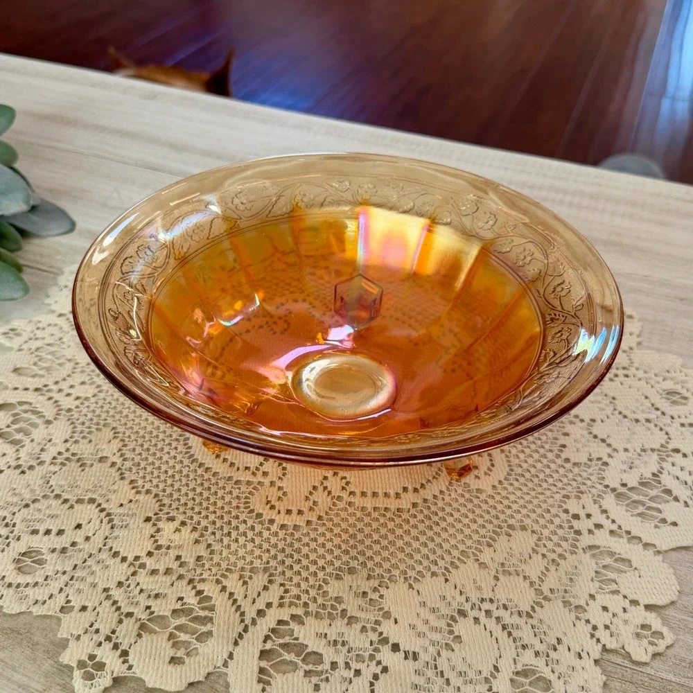 Vintage Marigold Carnival Glass Footed Bowl Iridescent Floral Etched 3-Legged